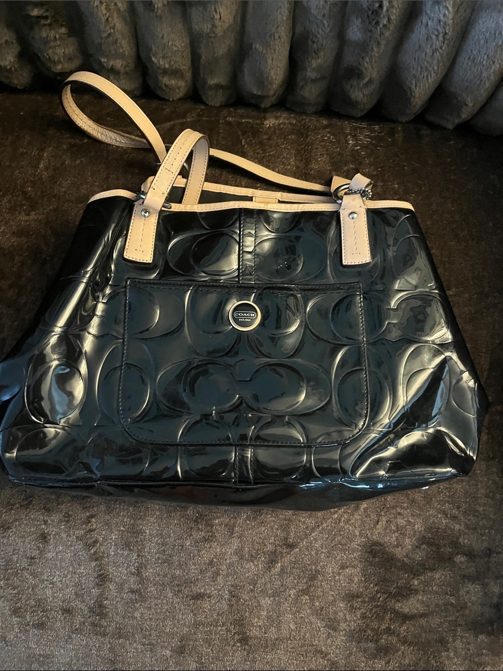 Coach Black Patent Leather Shoulder Bag with Cream Handles